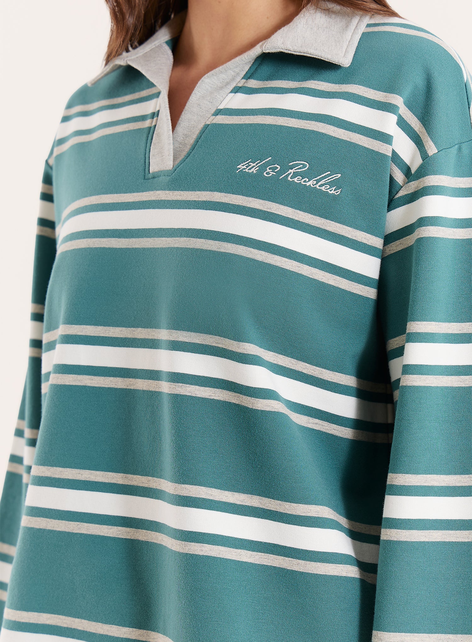 Green And White Stripe Branded Rugby Top